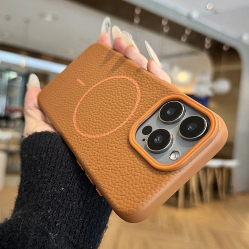 

For iPhone 13 Pro Orange Ring MagSafe Litchi Grain TPU Phone Case(Brown)