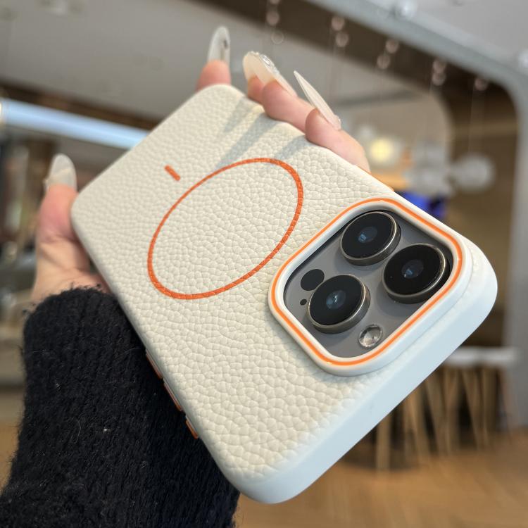 

For iPhone 13 Pro Orange Ring MagSafe Litchi Grain TPU Phone Case(White)