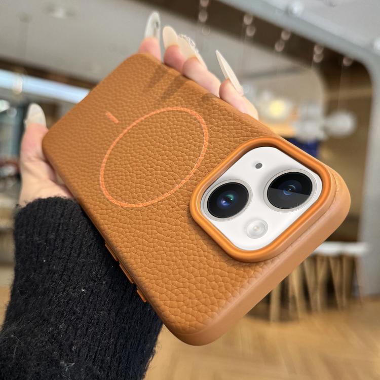 

For iPhone 14 Plus Orange Ring MagSafe Litchi Grain TPU Phone Case(Brown)