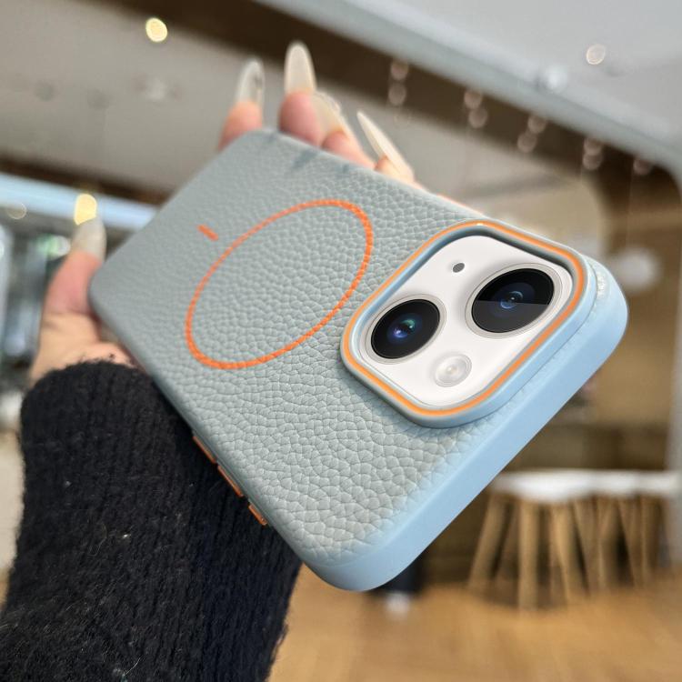 

For iPhone 14 Plus Thin Circle MagSafe Litchi Grain TPU Phone Case(Blue)