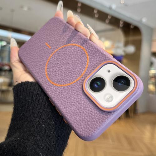 

For iPhone 14 Plus Orange Ring MagSafe Litchi Grain TPU Phone Case(Purple)