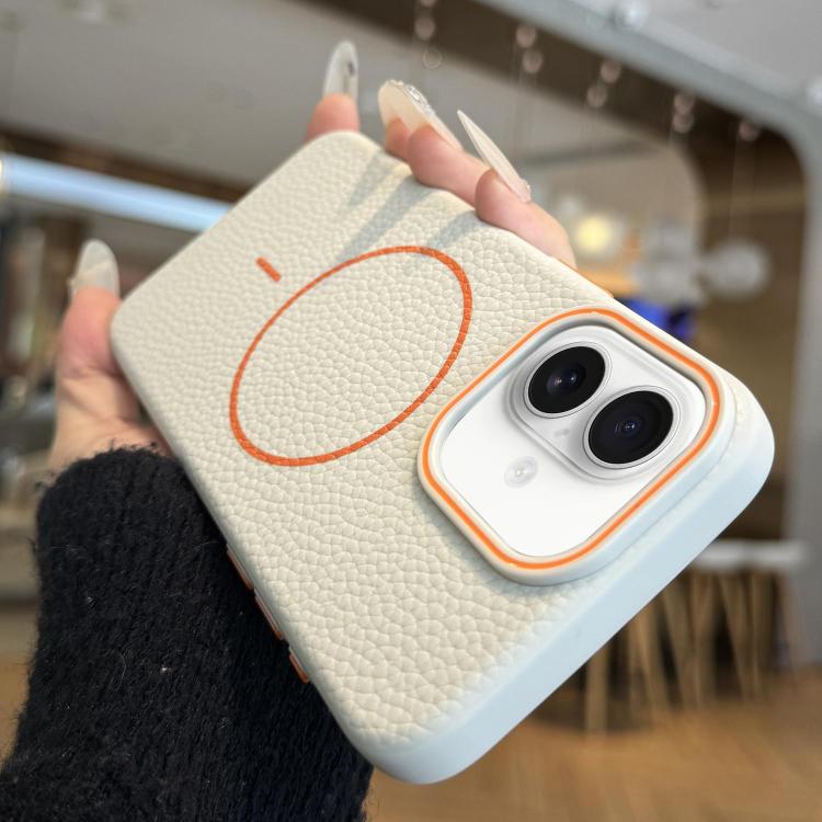 

For iPhone 16 Plus Orange Ring MagSafe Litchi Grain TPU Phone Case(White)
