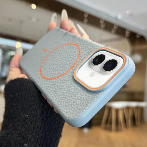 

For iPhone 16 Plus Orange Ring MagSafe Litchi Grain TPU Phone Case(Blue)