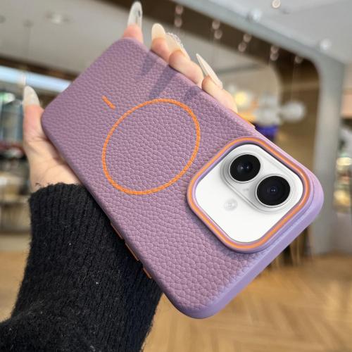 

For iPhone 16 Plus Orange Ring MagSafe Litchi Grain TPU Phone Case(Purple)