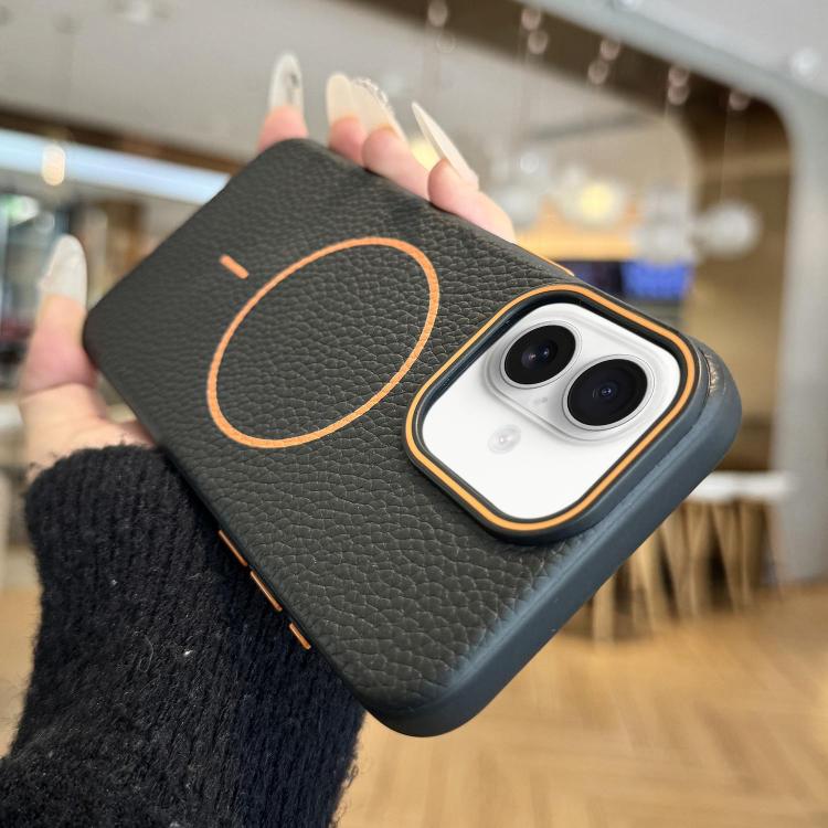 

For iPhone 16 Thin Circle MagSafe Litchi Grain TPU Phone Case(Black)