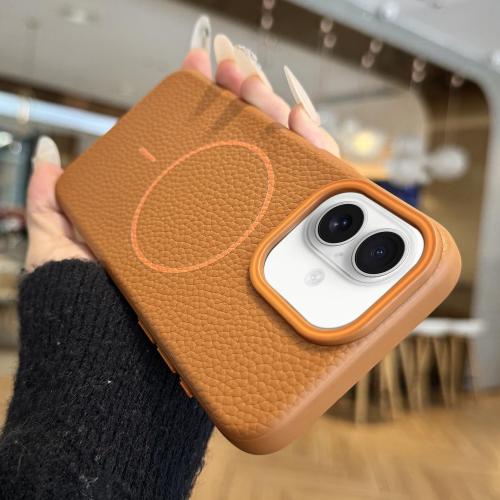 

For iPhone 16 Orange Ring MagSafe Litchi Grain TPU Phone Case(Brown)