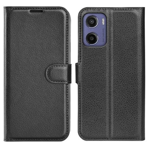 

For Motorola Moto E15 Litchi Texture Horizontal Flip Leather Phone Case with Holder(Black)