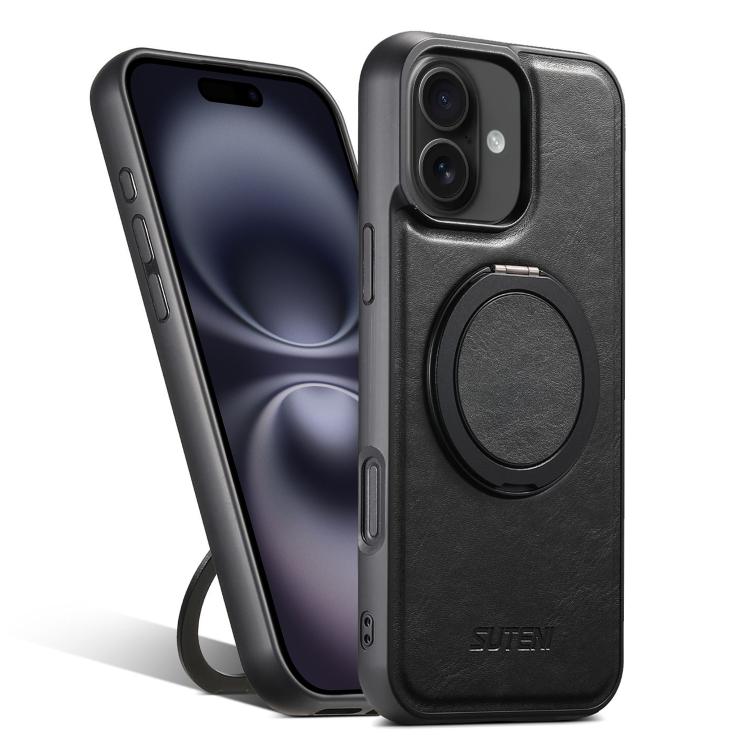 

For iPhone 16 Suteni G3 Oil Wax 360 Rotation Holder MagSafe Back Phone Case(Black)