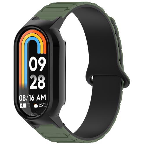 

For Xiaomi Mi Band 8 / 8 NFC Watch Case Integrated I-Shaped Magnetic Silicone Watch Band(Green Black+Black)