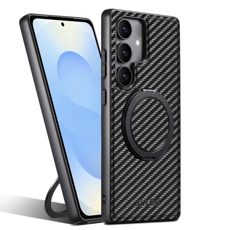 

For Samsung Galaxy S25 5G Suteni G3 Carbon Fiber Leather 360 Rotation Holder MagSafe Phone Case(Black)