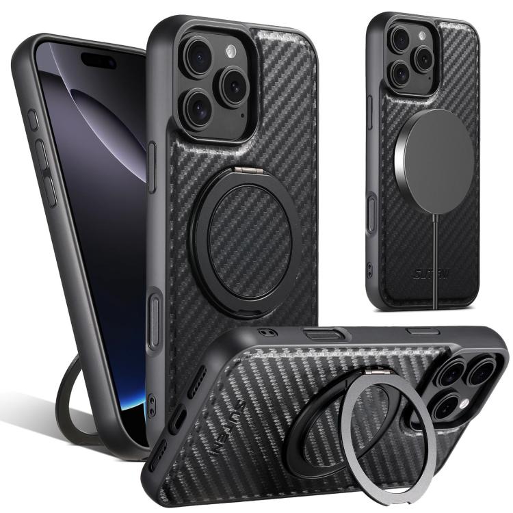 

For iPhone 16 Pro Suteni G3 Carbon Fiber Leather 360 Rotation Holder MagSafe Phone Case(Black)