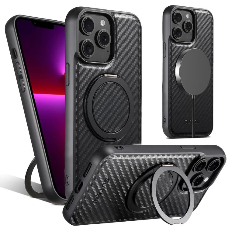 

For iPhone 13 Pro Max Suteni G3 Carbon Fiber Leather 360 Rotation Holder MagSafe Phone Case(Black)
