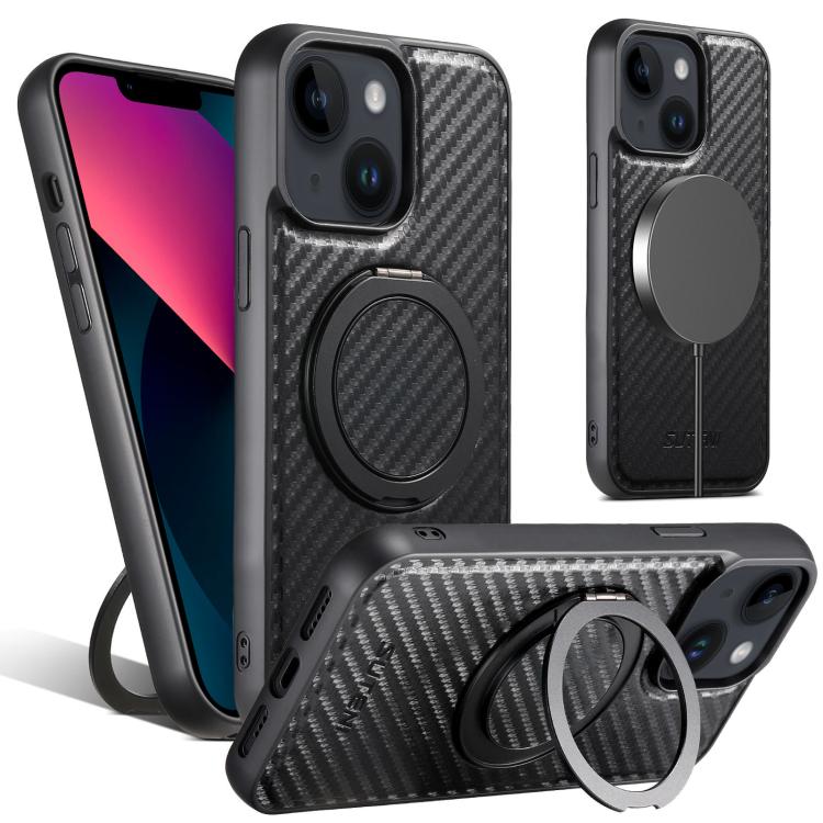

For iPhone 13 Suteni G3 Carbon Fiber Leather 360 Rotation Holder MagSafe Phone Case(Black)