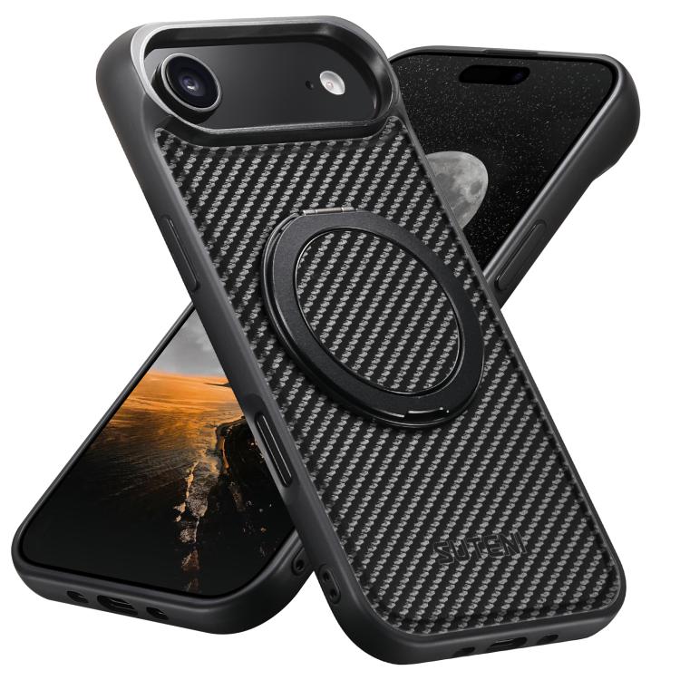 

For iPhone Air Suteni G3 Carbon Fiber Leather 360 Rotation Holder MagSafe Phone Case(Black)