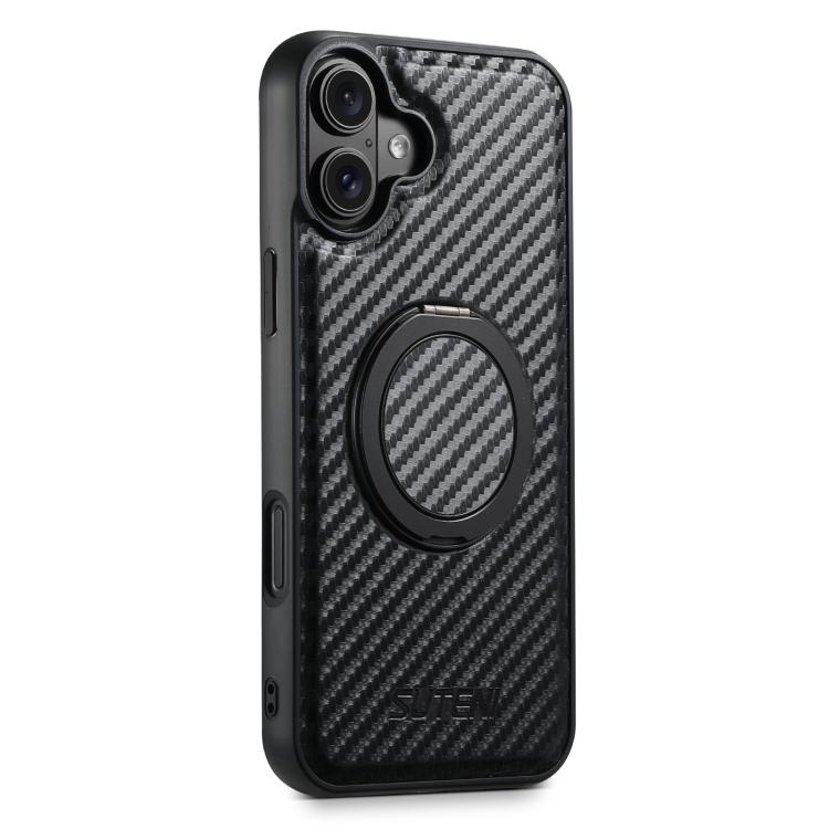 

For iPhone 17 Suteni G3 Carbon Fiber Leather 360 Rotation Holder MagSafe Phone Case(Black)