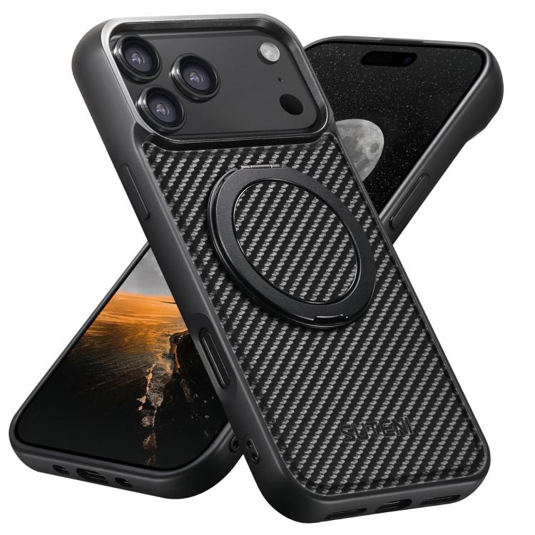For iPhone 18 Pro Max Suteni G3 Carbon Fiber Leather 360 Rotation Holder MagSafe Phone Case(Black)