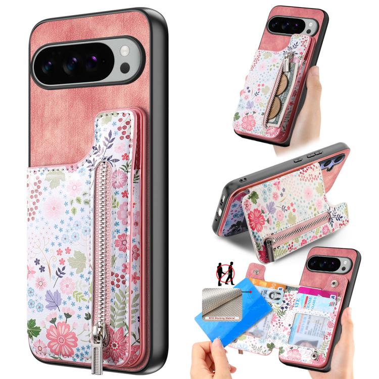 For Google Pixel 10 Pro XL Retro Painted Zipper Wallet Back Phone Case(Pink)