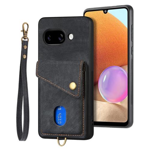 

For Google Pixel 9a Retro Card Wallet Fold Leather Phone Case with Strap(Black)