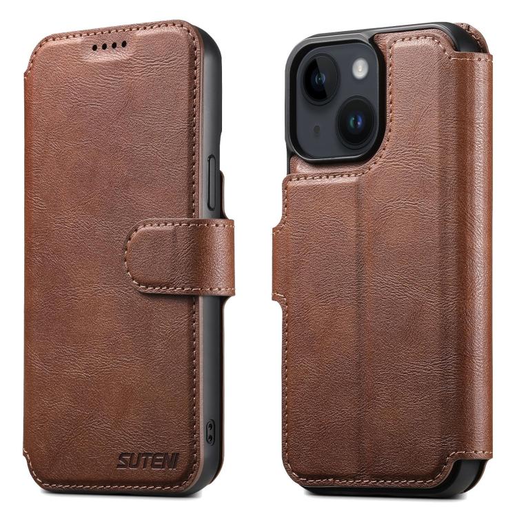 

For iPhone 15 Suteni Q05 2-in-1 Multi-function Detachable Wallet MagSafe Phone Case(Brown)