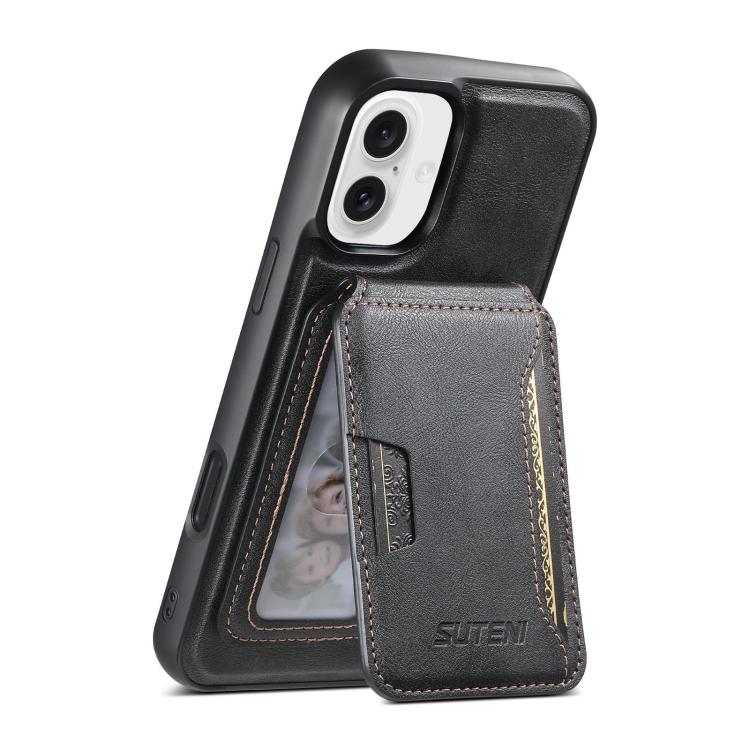 

For iPhone 16 Suteni M3 Card Bag MagSafe Cowhide Texture Leather Phone Case(Black)