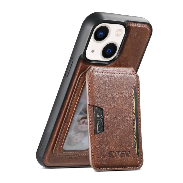 

For iPhone 14 Plus Suteni M3 Card Bag MagSafe Cowhide Texture Leather Phone Case(Brown)