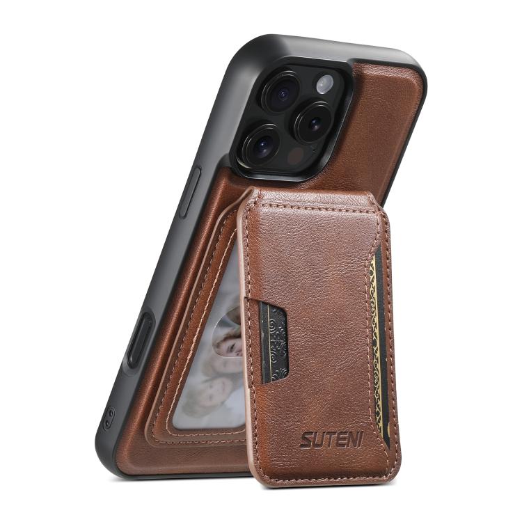 

For iPhone 14 Pro Suteni M3 Card Bag MagSafe Cowhide Texture Leather Phone Case(Brown)
