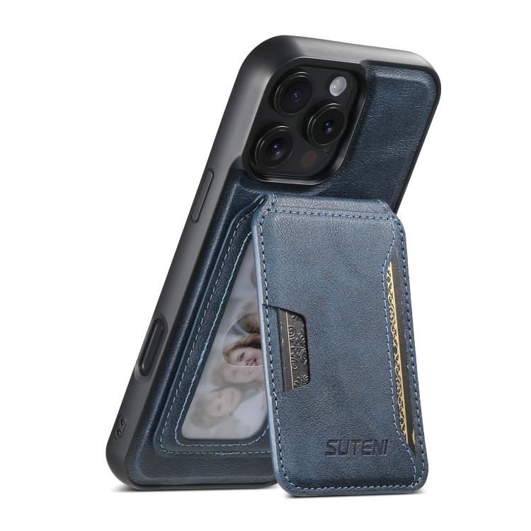 For iPhone 13 Pro Suteni M3 Card Bag MagSafe Cowhide Texture Leather Phone Case(Blue)