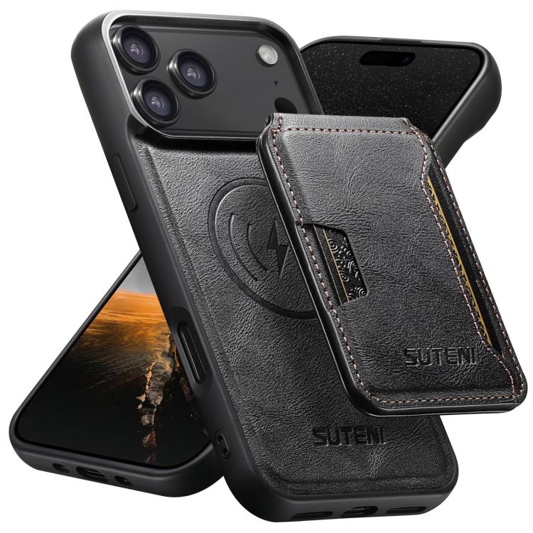 

For iPhone 17 Pro Max Suteni M3 Card Bag MagSafe Cowhide Texture Leather Phone Case(Black)