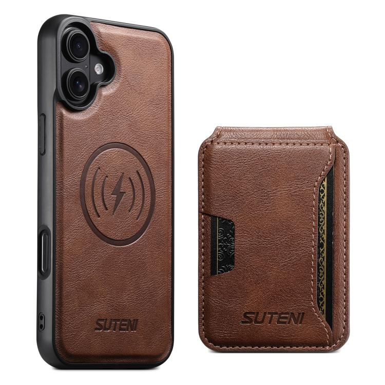 

For iPhone 17 Suteni M3 Card Bag MagSafe Cowhide Texture Leather Phone Case(Brown)