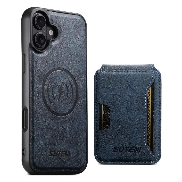 

For iPhone 17 Suteni M3 Card Bag MagSafe Cowhide Texture Leather Phone Case(Blue)