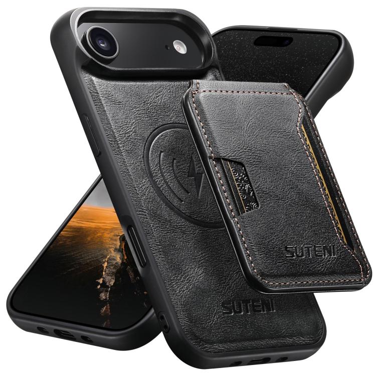 

For iPhone Air Suteni M3 Card Bag MagSafe Cowhide Texture Leather Phone Case(Black)