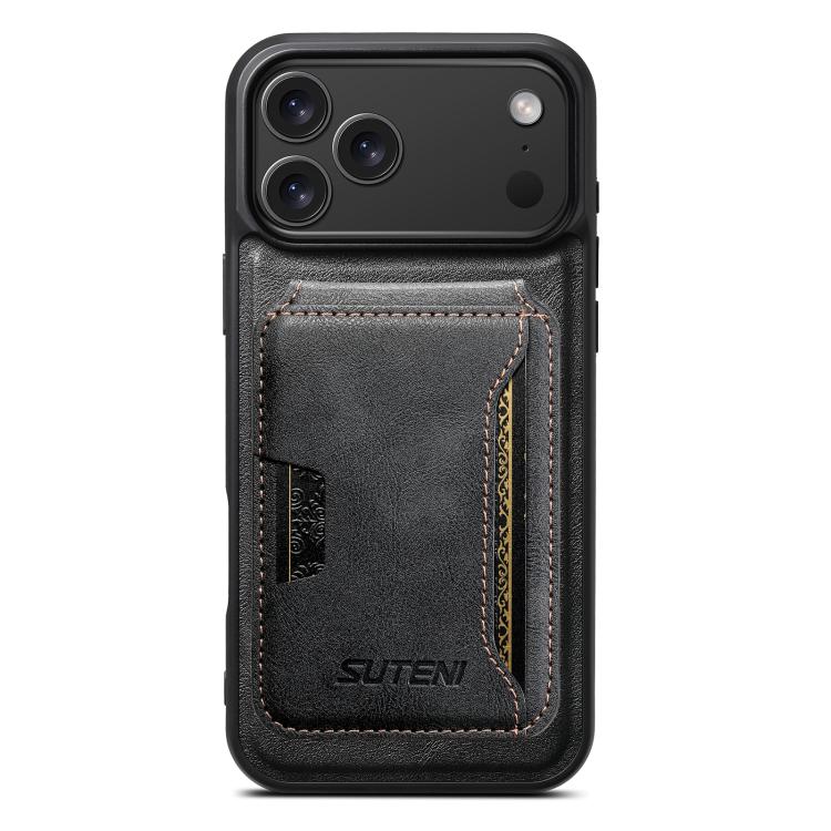 For iPhone 18 Pro Max Suteni M3 Card Bag MagSafe Cowhide Texture Leather Phone Case(Black)