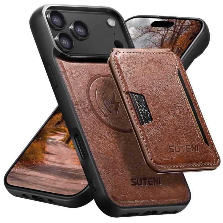 For iPhone 18 Pro Suteni M3 Card Bag MagSafe Cowhide Texture Leather Phone Case(Brown)