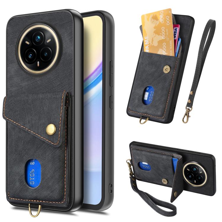 

For Realme 14 Pro+ Retro Card Wallet Fold Leather Phone Case with Strap(Black)