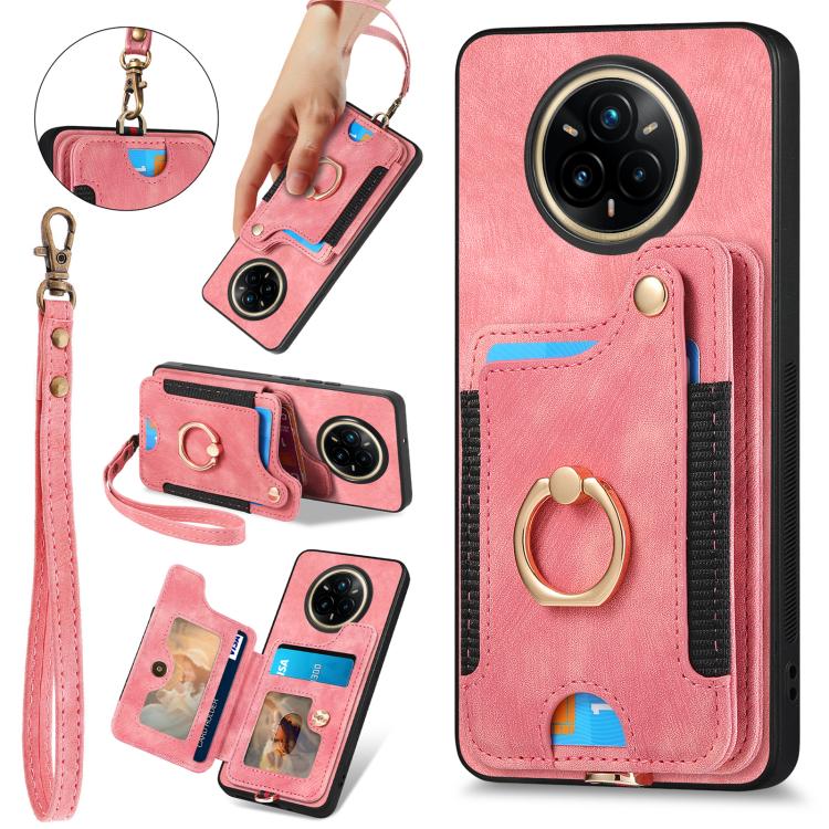

For Realme 14 Pro+ Retro Skin-feel Ring Multi-card Wallet Phone Case(Pink)