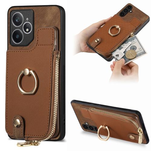 

For Realme Neo7 Cross Leather Ring Vertical Zipper Wallet Back Phone Case(Brown)