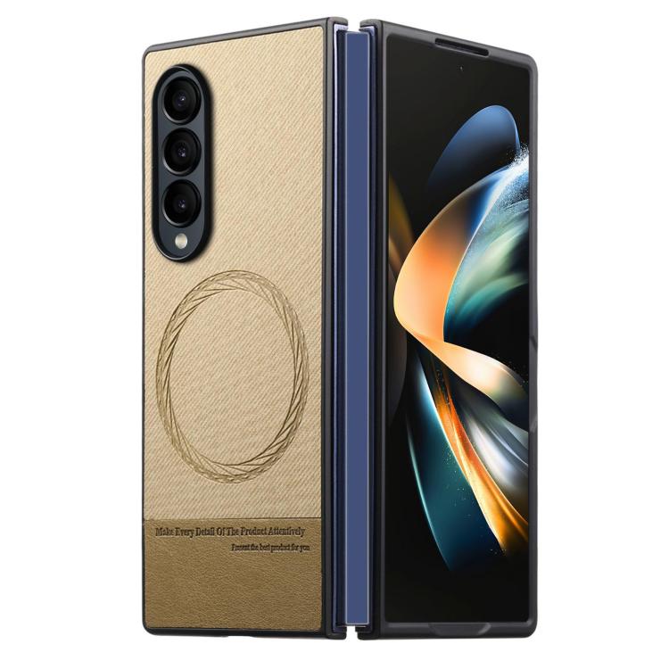 

For Samsung Galaxy Z Fold4 Twill Fabric Leather Skin Magnetic Back Phone Case(Khaki)