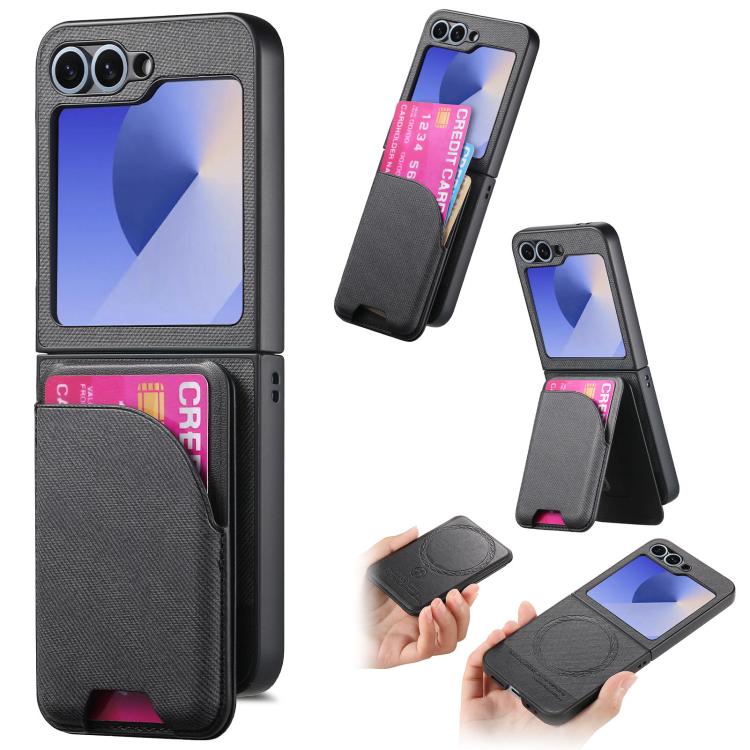 

For Samsung Galaxy Z Flip6 Twill Fabric Leather Skin Card Bag Magnetic Back Phone Case(Black)