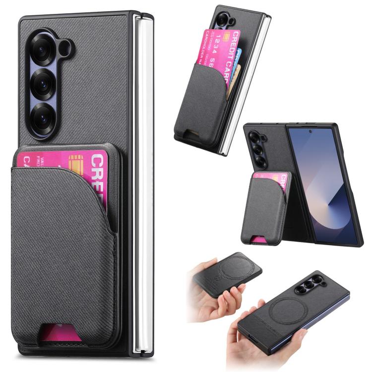 

For Samsung Galaxy Z Fold6 Twill Fabric Leather Skin Card Bag Magnetic Back Phone Case(Black)