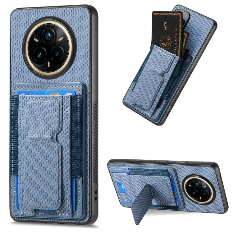 

For Realme 14 Pro+ Carbon Fiber Fold Stand Elastic Card Bag Phone Case(Blue)