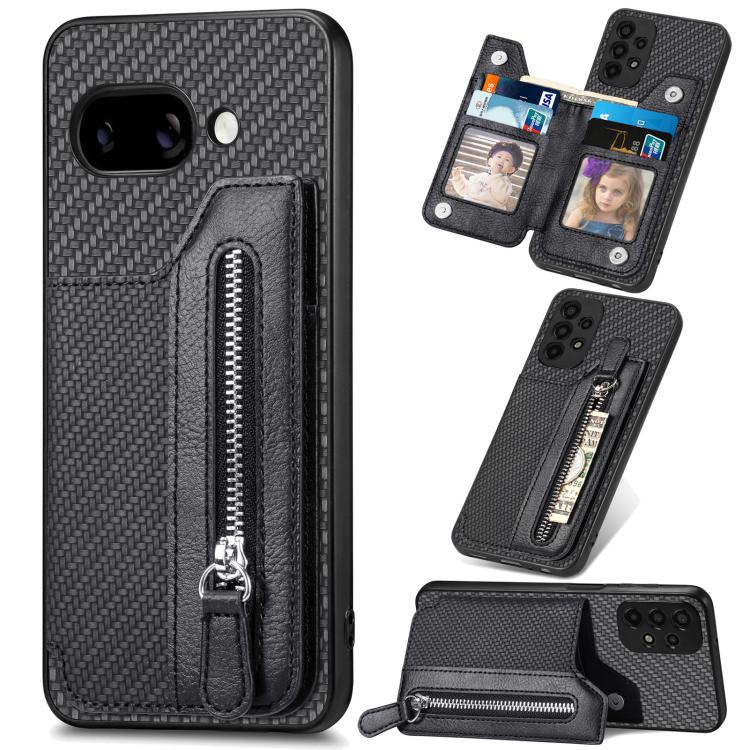 

For Google Pixel 9a Carbon Fiber Horizontal Flip Zipper Wallet Phone Case(Black)