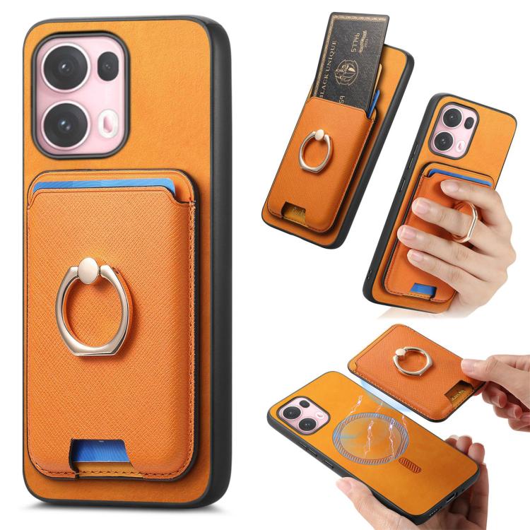 

For OPPO Reno13 Pro Global Retro Cross Leather Ring Vertical Insert Card Bag MagSafe Phone Case(Yellow)