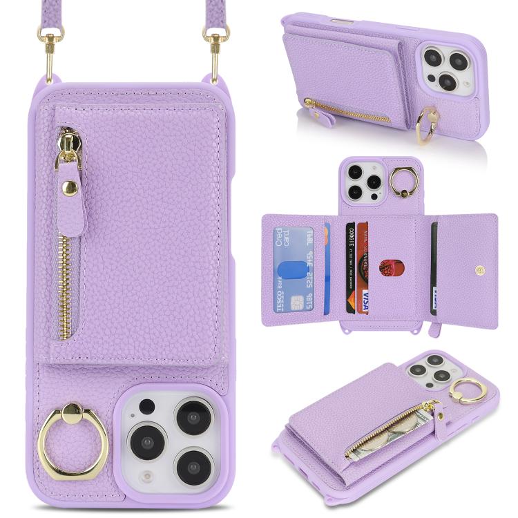 

For iPhone 7 / 8 / SE 2022 Crossbody Zipper Wallet Ring Holder Litchi Leather Phone Case(Purple)