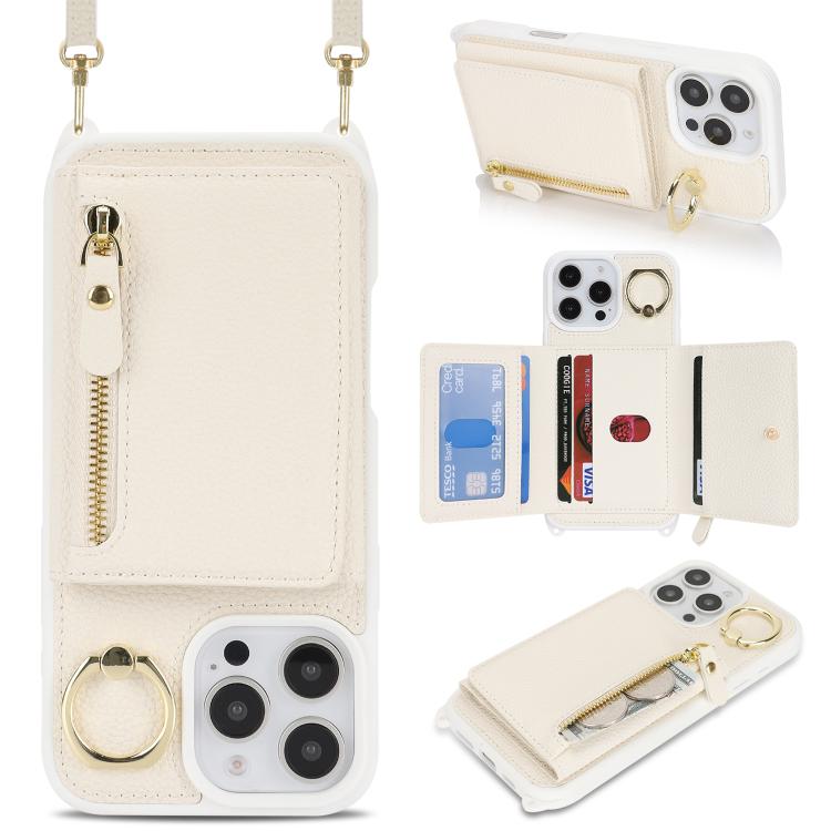 

For iPhone XS Max Crossbody Zipper Wallet Ring Holder Litchi Leather Phone Case(Apricot)