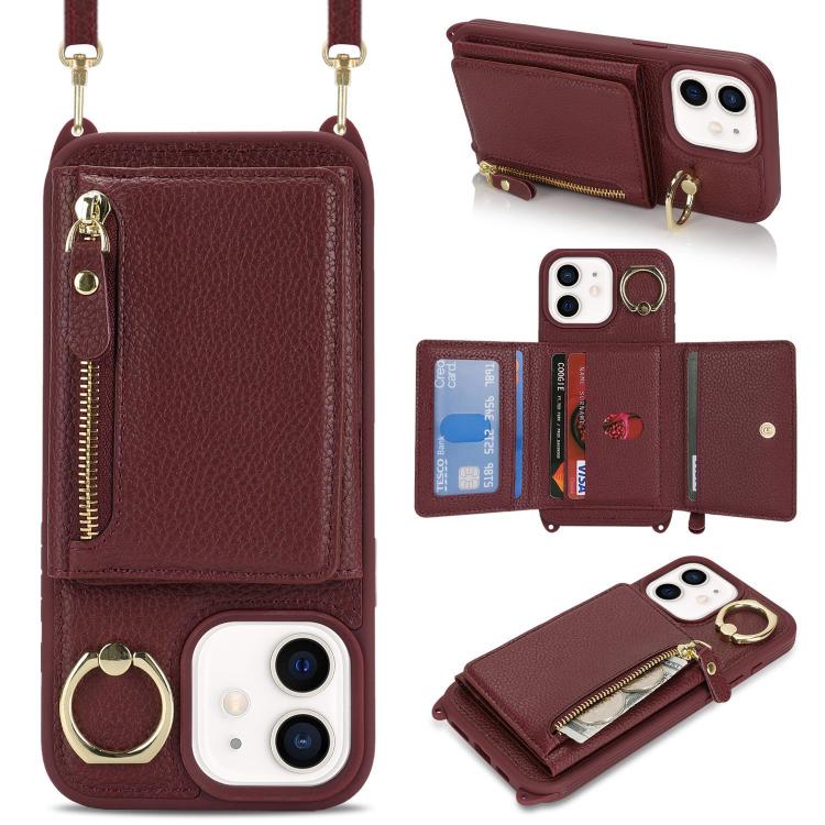 

For iPhone 11 Crossbody Zipper Wallet Ring Holder Litchi Leather Phone Case(Red wine)