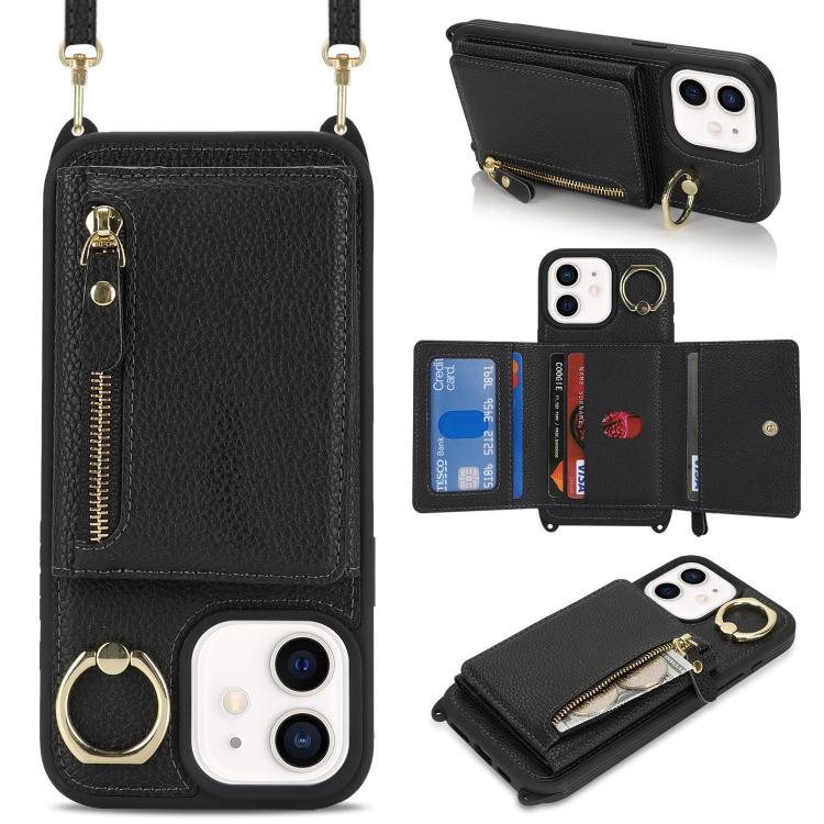 

For iPhone 11 Crossbody Zipper Wallet Ring Holder Litchi Leather Phone Case(Black)