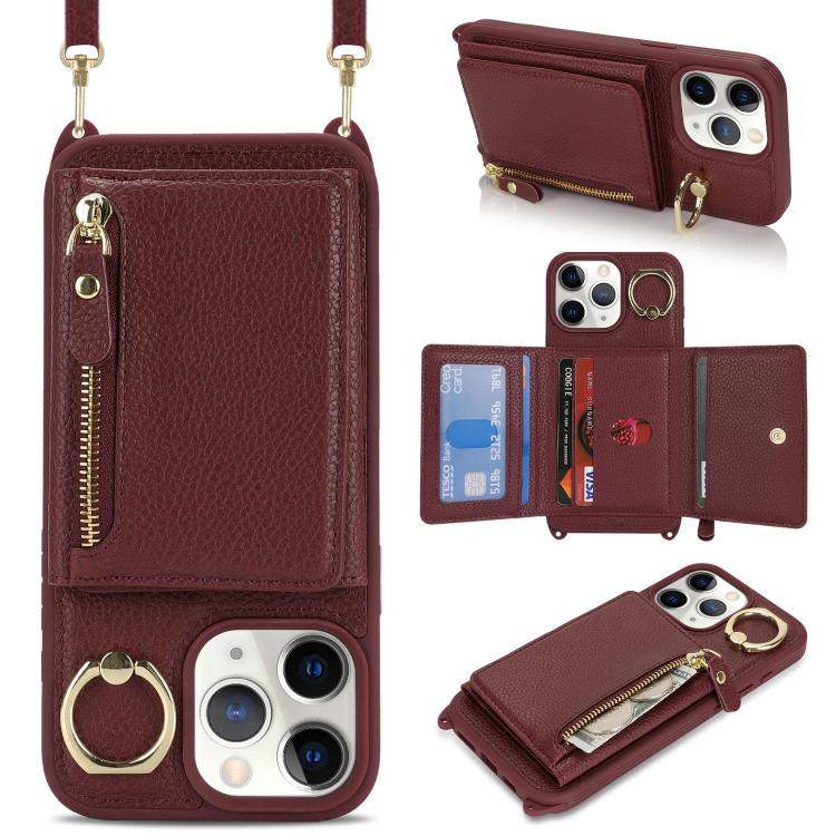

For iPhone 11 Pro Crossbody Zipper Wallet Ring Holder Litchi Leather Phone Case(Red wine)