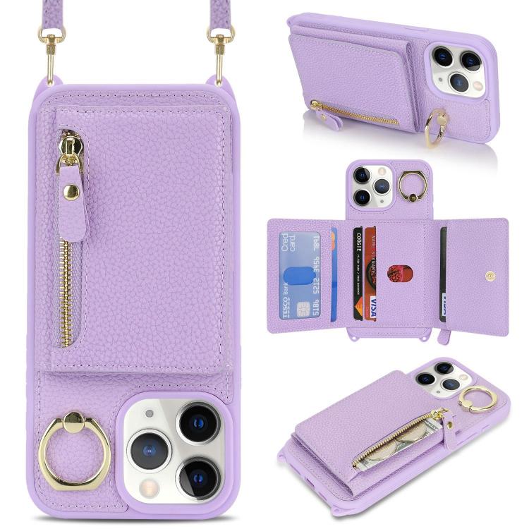 

For iPhone 11 Pro Max Crossbody Zipper Wallet Ring Holder Litchi Leather Phone Case(Purple)