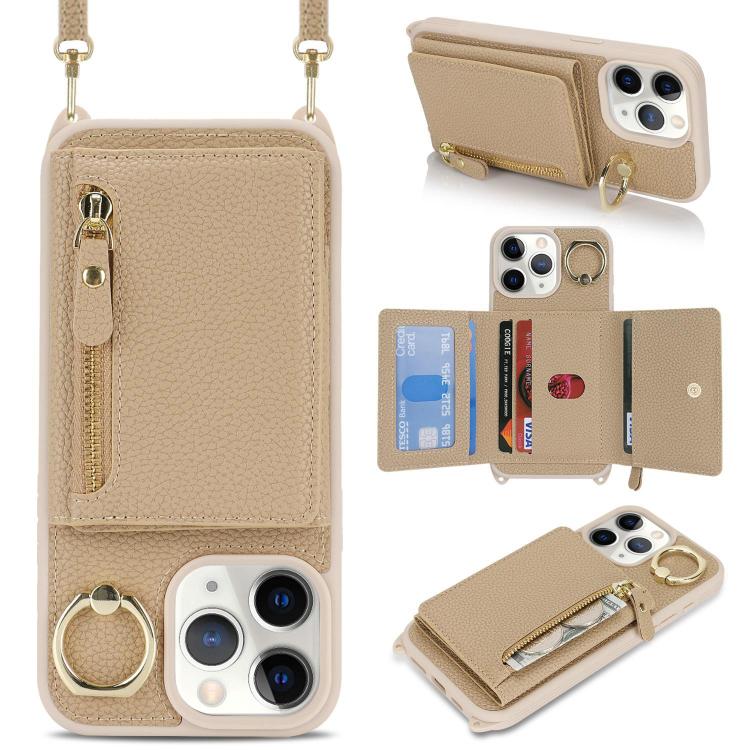 

For iPhone 11 Pro Max Crossbody Zipper Wallet Ring Holder Litchi Leather Phone Case(Rose Gold)