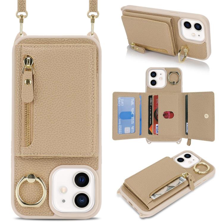 

For iPhone 12 mini Crossbody Zipper Wallet Ring Holder Litchi Leather Phone Case(Rose Gold)